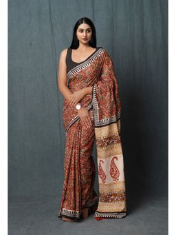 Unnati Silks - Red Pure Kalamkari Printed Superfine Mulmul Cotton Saree with Unstitched Blouse