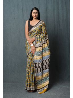 Unnati Silks - Mustard Pure Kalamkari Printed Superfine Mulmul Cotton Saree with Unstitched Blouse