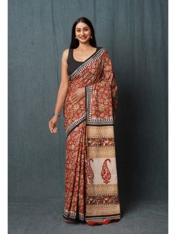 Unnati Silks - Red Pure Kalamkari Printed Superfine Mulmul Cotton Saree with Unstitched Blouse
