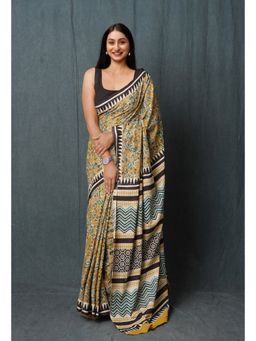 Unnati Silks - Mustard Pure Kalamkari Printed Superfine Mulmul Cotton Saree with Unstitched Blouse