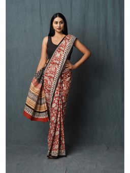Unnati Silks - Red Pure Kalamkari Printed Superfine Mulmul Cotton Saree with Unstitched Blouse