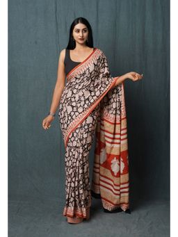 Unnati Silks - Black Pure Kalamkari Printed Superfine Mulmul Cotton Saree with Unstitched Blouse