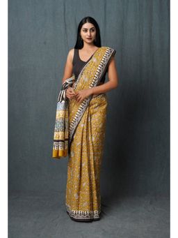 Unnati Silks - Mustard Pure Kalamkari Printed Superfine Mulmul Cotton Saree with Unstitched Blouse