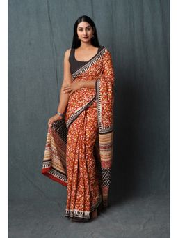Unnati Silks - Red Pure Kalamkari Printed Superfine Mulmul Cotton Saree with Unstitched Blouse