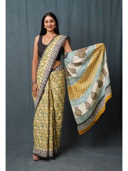 Unnati Silks - Mustard Pure Kalamkari Printed Superfine Mulmul Cotton Saree with Unstitched Blouse