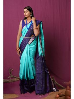 Unnati Silks - Turquoise Pure Handloom Assam Sico Saree with Unstitched Blouse