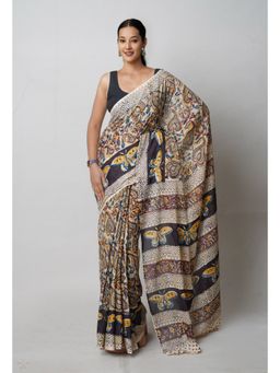 Unnati Silks - Beige Pure Kalamkari Printed Soft Cotton Saree with Unstitched Blouse
