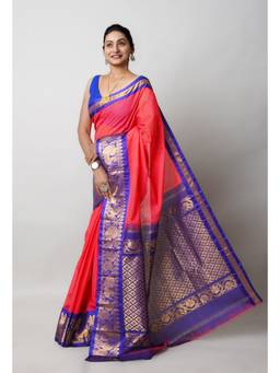 Unnati Silks - Red Pure Handloom Gadwal Cotton Saree without Blouse