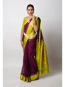 Unnati Silks - Wine Pure Handloom Gadwal Cotton Saree without Blouse