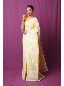 Unnati Silks - Cream Pure Handloom Dhakai Jamdani Cotton Saree without Blouse