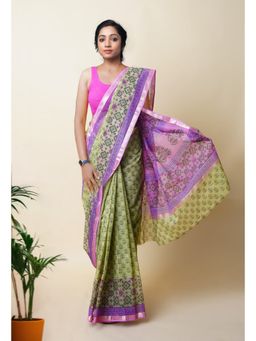 Unnati Silks - Green Pure Hand Block Printed Kota Saree with Unstitched Blouse