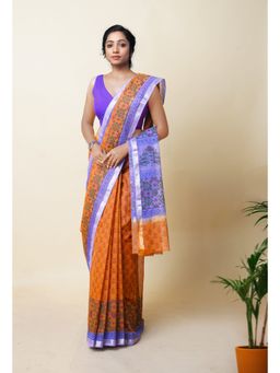Unnati Silks - Orange Pure Hand Block Printed Kota Saree with Unstitched Blouse