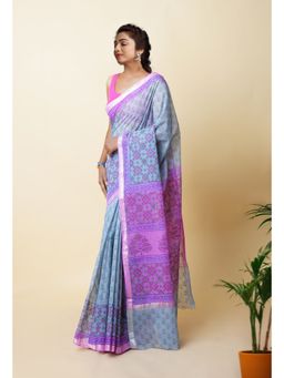 Unnati Silks - Blue Pure Hand Block Printed Kota Saree with Unstitched Blouse