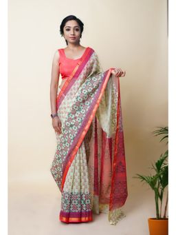 Unnati Silks - Green Pure Hand Block Printed Kota Saree with Unstitched Blouse