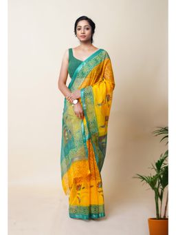 Unnati Silks - Yellow Pure Hand Block Printed Kota Saree with Unstitched Blouse