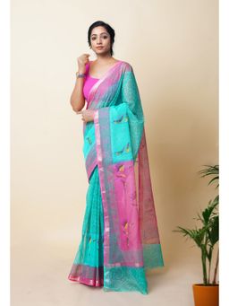Unnati Silks - Green Pure Hand Block Printed Kota Saree with Unstitched Blouse