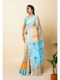 Unnati Silks - Cream Pure Hand Block Printed Kota Saree with Unstitched Blouse