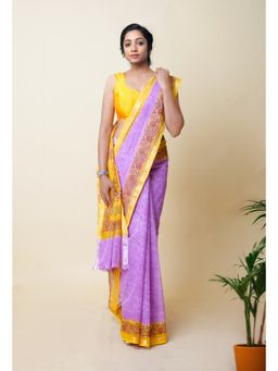 Unnati Silks - Lavender Pure Hand Block Printed Kota Saree with Unstitched Blouse
