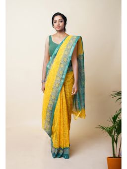 Unnati Silks - Yellow Pure Hand Block Printed Kota Saree with Unstitched Blouse