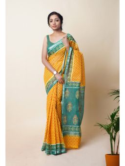 Unnati Silks - Yellow Pure Hand Block Printed Kota Saree with Unstitched Blouse