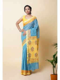 Unnati Silks - Blue Pure Hand Block Printed Kota Saree with Unstitched Blouse