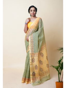 Unnati Silks - Green Pure Hand Block Printed Kota Saree with Unstitched Blouse