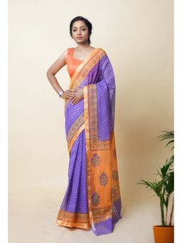 Unnati Silks - Purple Pure Hand Block Printed Kota Saree with Unstitched Blouse