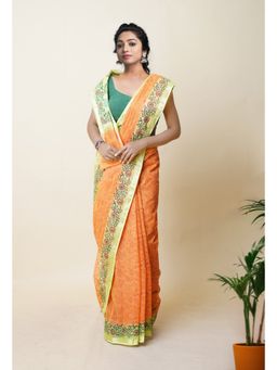 Unnati Silks - Orange Pure Hand Block Printed Kota Saree with Unstitched Blouse