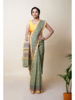 Unnati Silks - Green Pure Hand Block Printed Kota Saree with Unstitched Blouse