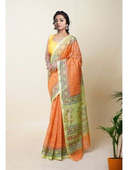 Unnati Silks - Orange Pure Hand Block Printed Kota Saree with Unstitched Blouse