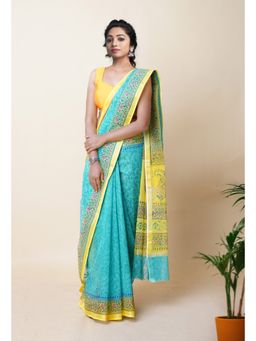 Unnati Silks - Turquoise Pure Hand Block Printed Kota Saree with Unstitched Blouse