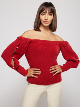 RSVP by Nykaa Fashion - Red Solid Off Shoulder Sweater Top