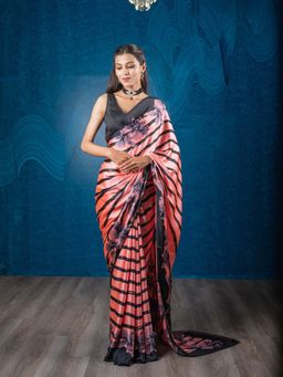 EXCLUSIVA - Peach Satin Crepe Digital Print Saree with Unstitched Blouse