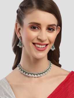 Karatcart - Silver Plated Triangle Shape Green Cubic Zirconia Studded Necklace (Set of 2)