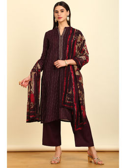 Soch - Womens Wine Cotton Silk Striped Kurta Palazzo with Dupatta (Set of 3)