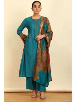 Soch - Womens Teal Cotton Silk Ethnic Motifs Kurta Palazzo with Dupatta (Set of 3)