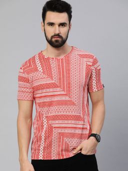 Urbano Fashion - Men Red Printed Round Neck Half Sleeve Slim Fit Cotton T-shirt