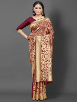 Akhilam - Womens Silk Blend Maroon Woven Design Celebrity Saree with Unstitched Blouse