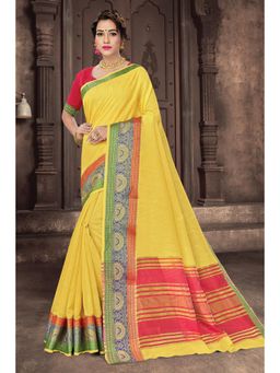 Sangam Prints - Yellow Cotton Handloom Woven Work Traditional Saree with Unstitched Blouse