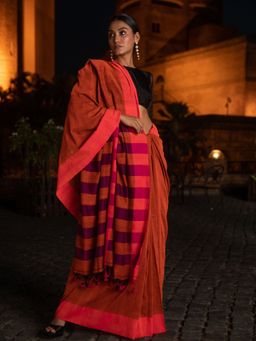 Beatitude - Rust Orange Shade Cotton Saree With Unstitched Blouse