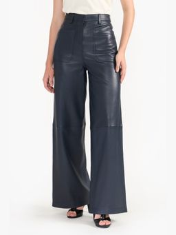 Perona - Women Navy Blue High Waist Wide Trouser