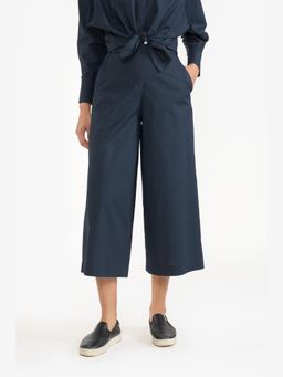 Perona - Women Navy Blue Mid Waist Wide Trouser