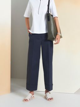 Perona - Women Navy Blue Mid Waist Wide Trouser