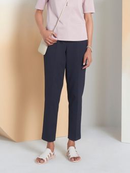 Perona - Women Navy Blue Mid Waist Straight Trouser