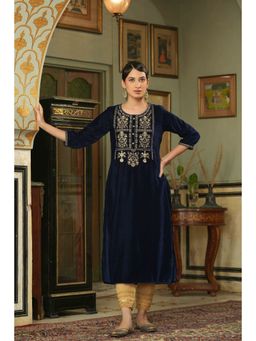Juniper - Navy Velvet Festive Solid Embroidered Straight Kurta