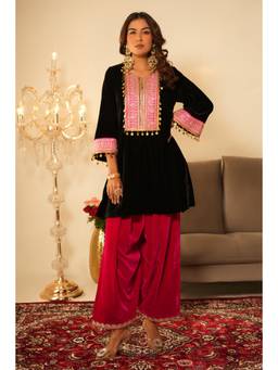 SAYARISH - Black Lace Work Velvet Kurti with Salwar