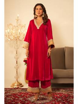 SAYARISH - Red Lace Work Velvet Kurta with Pant