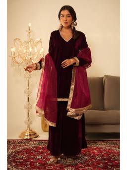 SAYARISH - Wine Lace Work Velvet Kurti with Palazzo and Dupatta