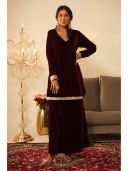 SAYARISH - Wine Lace Work Velvet Kurti with Palazzo