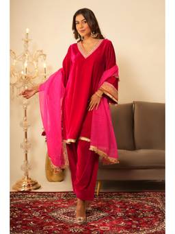 SAYARISH - Pink Lace Work Velvet Kurta with Salwar and Dupatta